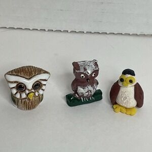 Vintage Lot of 3 Miniature Ceramic Clay & One Metal Owl Eagle Figurines Bird